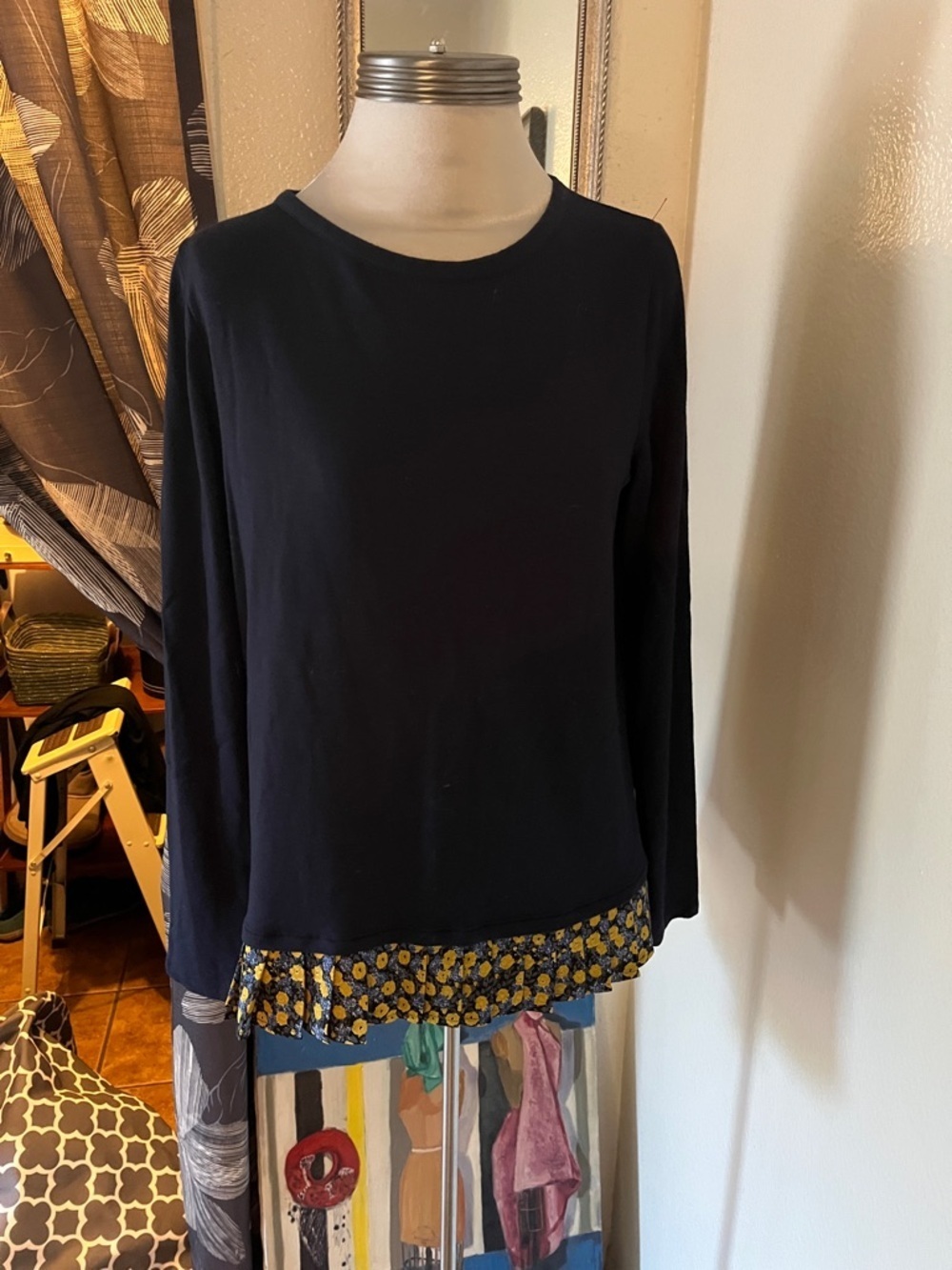 J Crew Women’s Navy Long-Sleeve Layered Hem Top with Floral Trim Size M